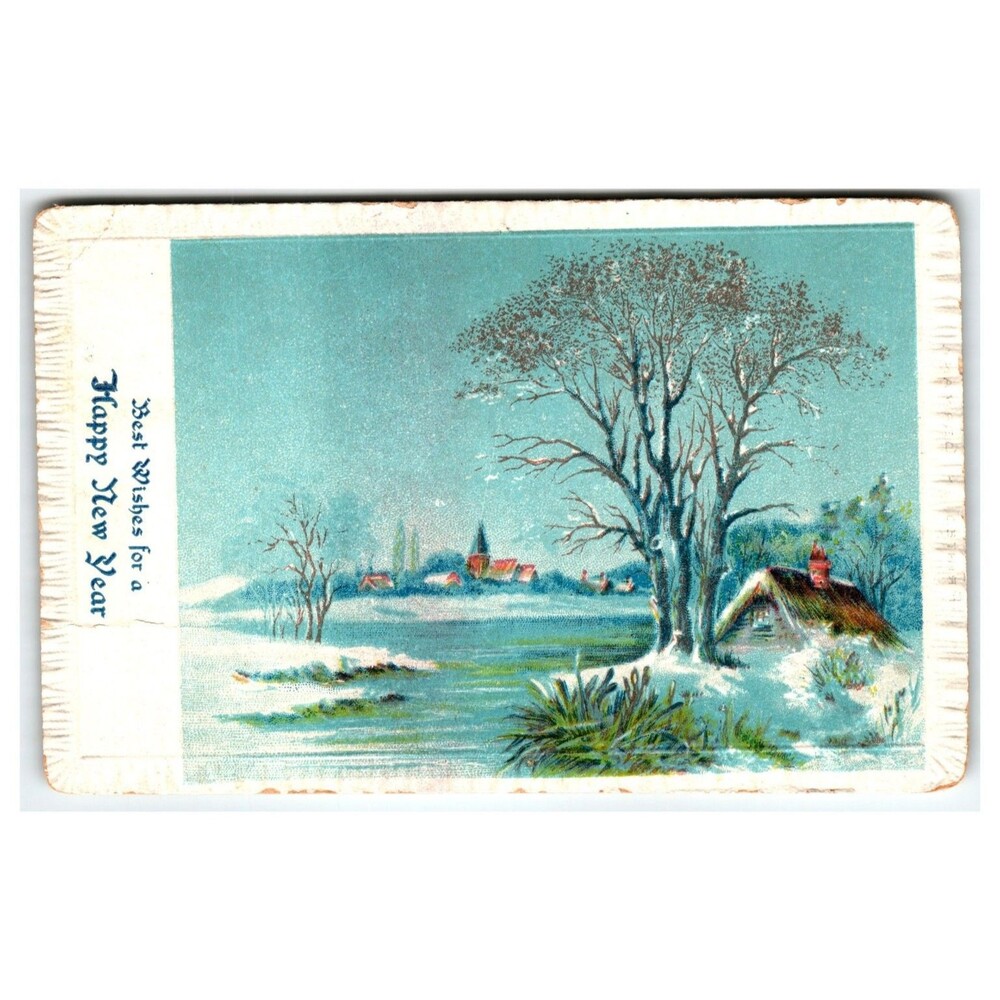 Vintage New Year Postcard Winter Scene Cottage Village Snow Embossed Germany